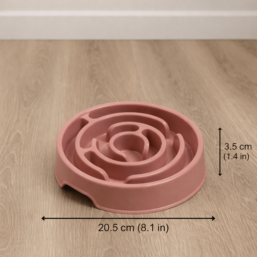gamelle anti glouton rose avec dimensions en forme de spirale