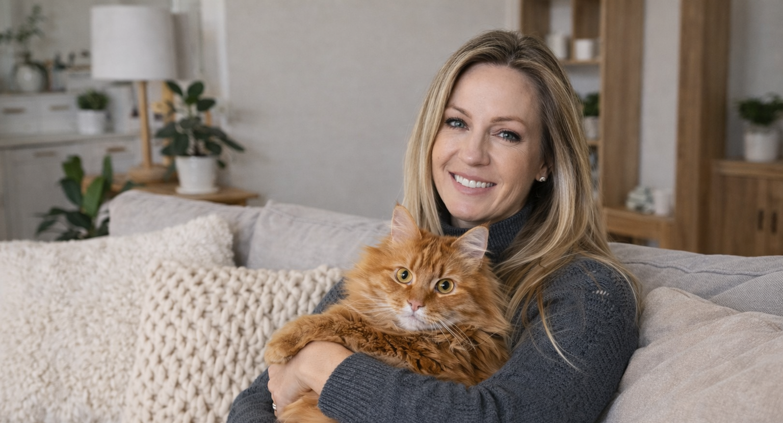femme souriante assise avec son chat dans ses bras pour présenter site bac à litière chat gamelle chat  