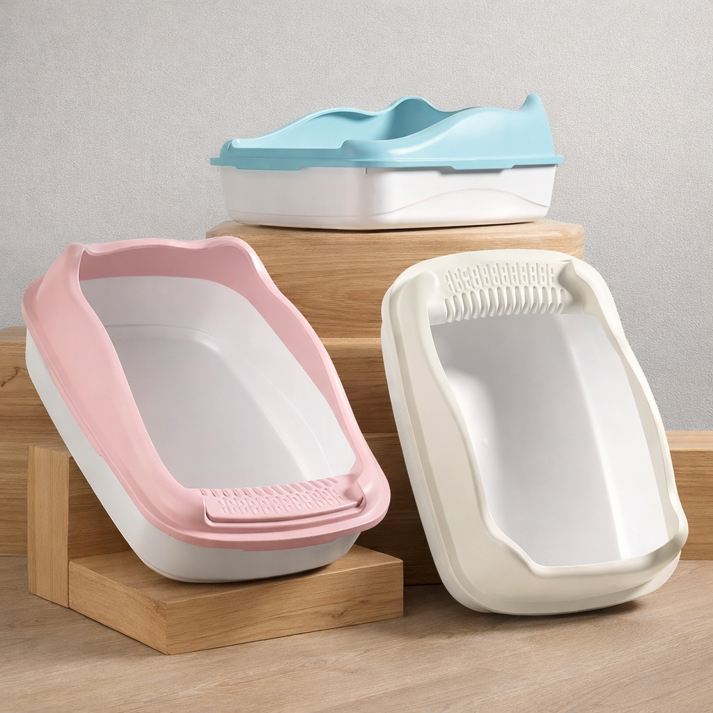 le bac à litière chat est disponible ne trois coloris soit rose bleu et beige cutycat