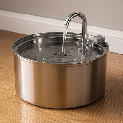 fontaine a eau chat en acier inoxydable avec au coulant de l'abreuvoir de style robinet élégant.