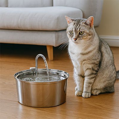 le chat est assis à côté de sa fontaine a eau chat argent rassasié