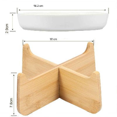 Gamelle anti glouton surélevée en deux morceaux soit bol en céramique blanc et base en bois naturel