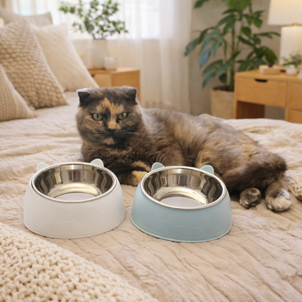 le chat est sur le lit avec ses deux gamelle chat bleu et blanc