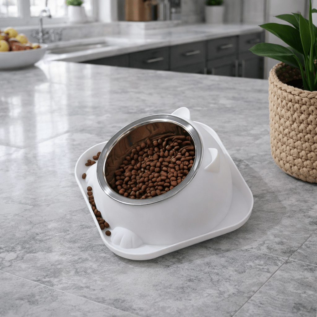 gamelle chat blanche démontrant les croquettes dans cabaret anti-débordement