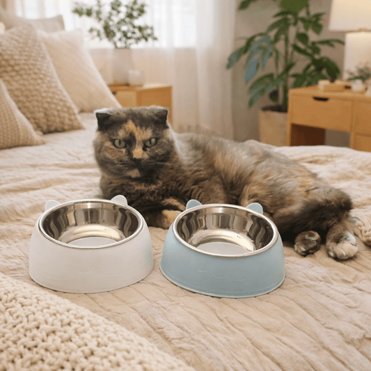 le chat est sur le lit avec ses deux gamelle chat bleu et blanc