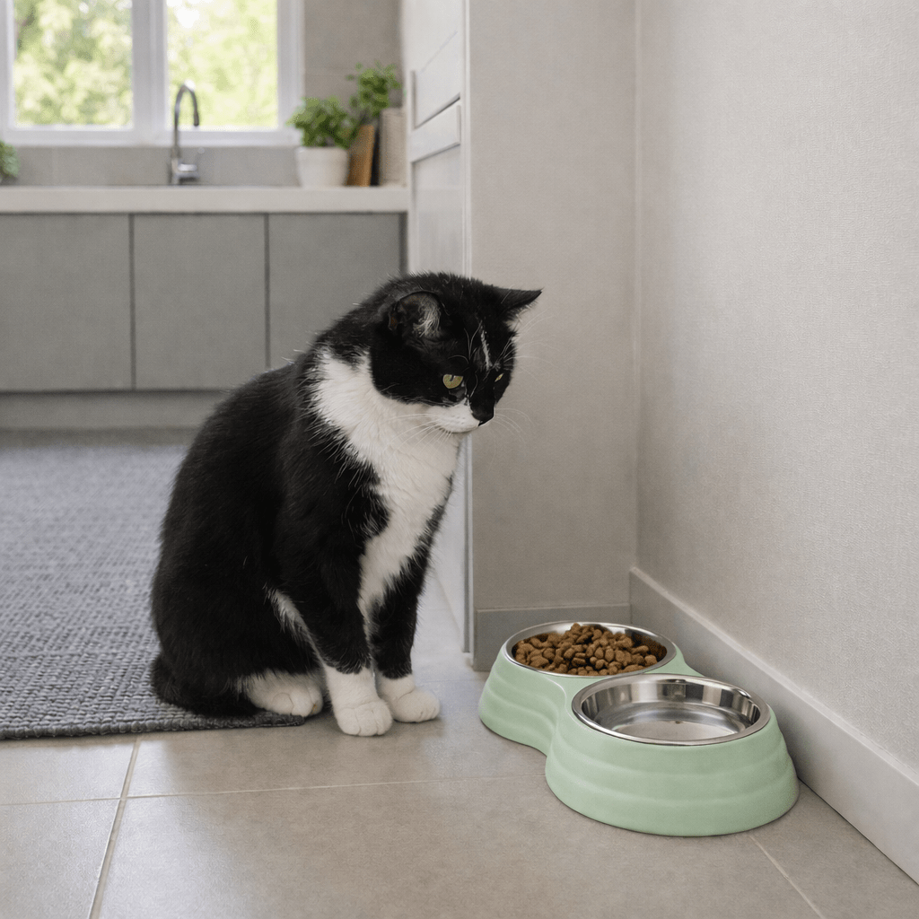 chat assis regardant sa belle gamelle chat double menthe