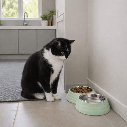 chat assis regardant sa belle gamelle chat double menthe