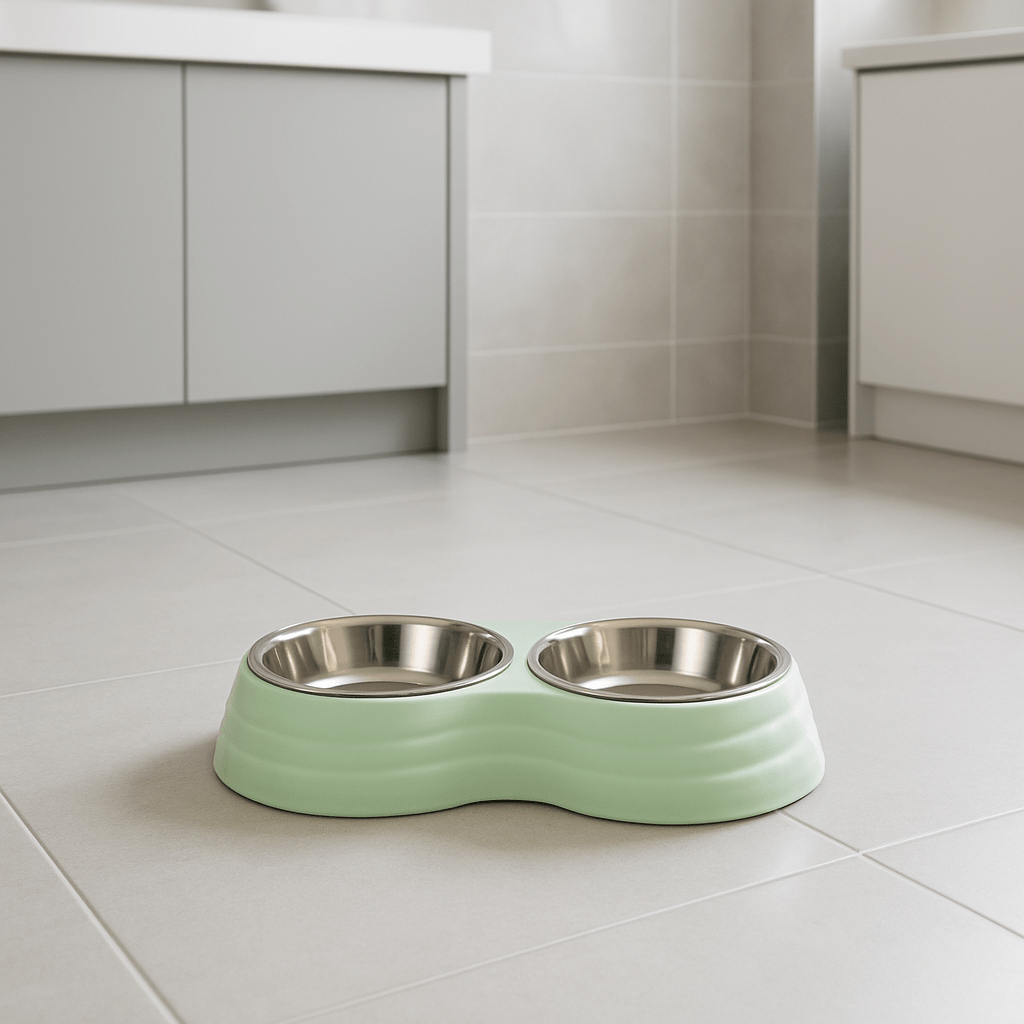 la gamelle chat double est sur le plancher de la cuisine