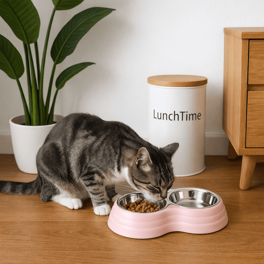 chat assis regardant sa belle gamelle chat double rose