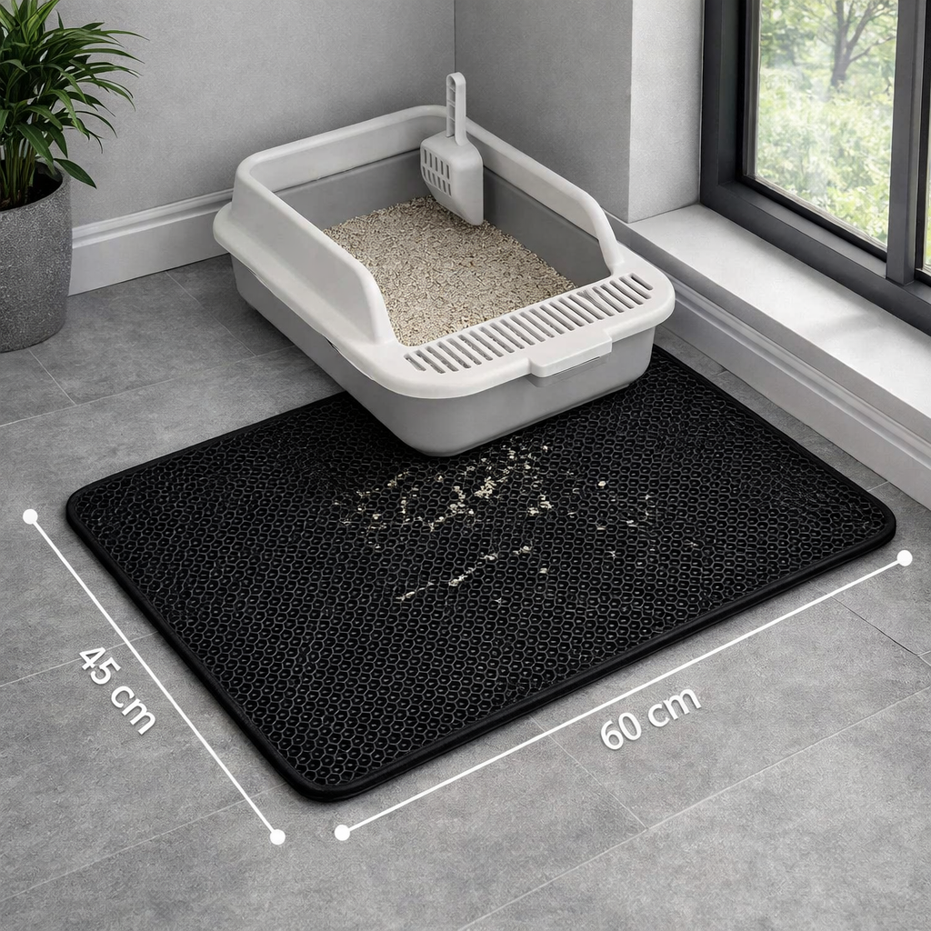 près de la fenêtre on voit la tapis chat litière  retenant  les résidus à la sortie  du bac litière  