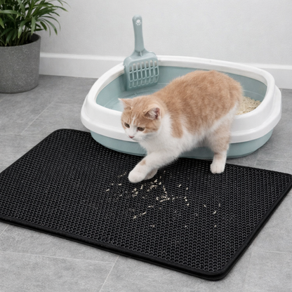 le tapis chat litière retient les grains sous les pattes du chat sortant de son bac à litière chat