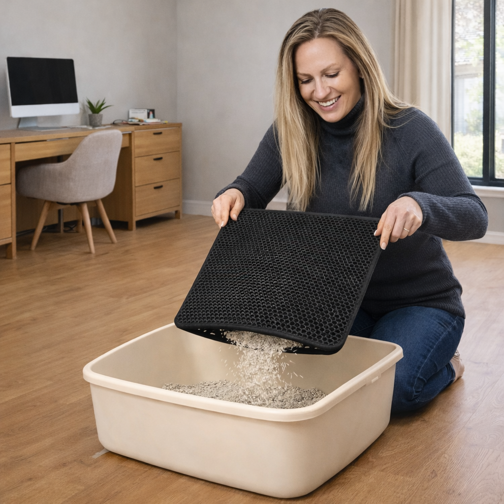 femme vidant les résidus de litière retenus entre les deux couches d’un tapis litière chat noir